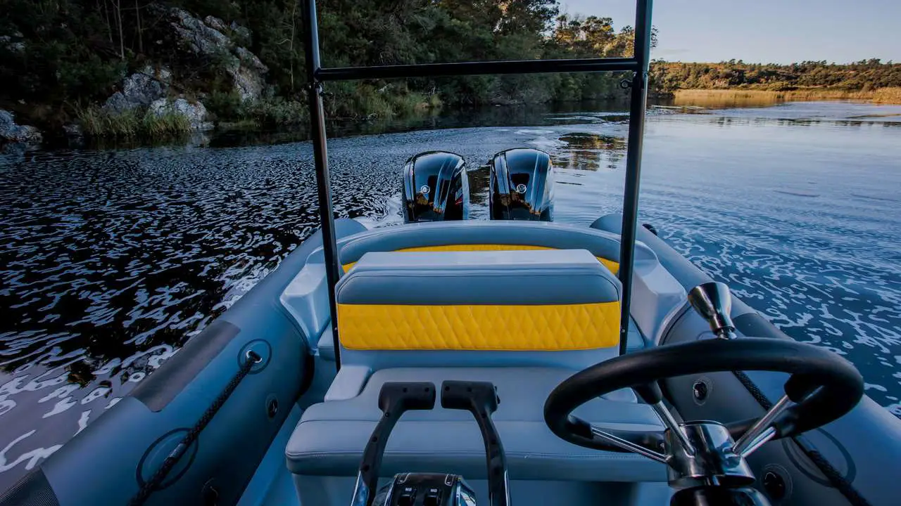 Interior of inflatable boat floating on a river