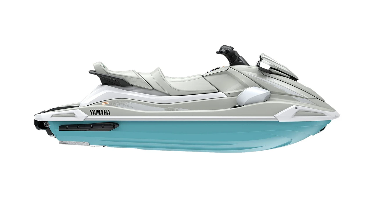 Product shot of deep-etched white and turquoise jet ski