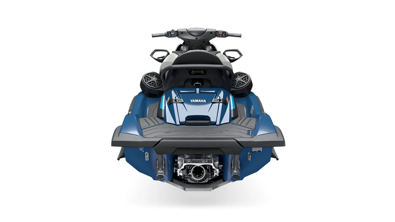 Deep-etched rear view of a blue jet ski