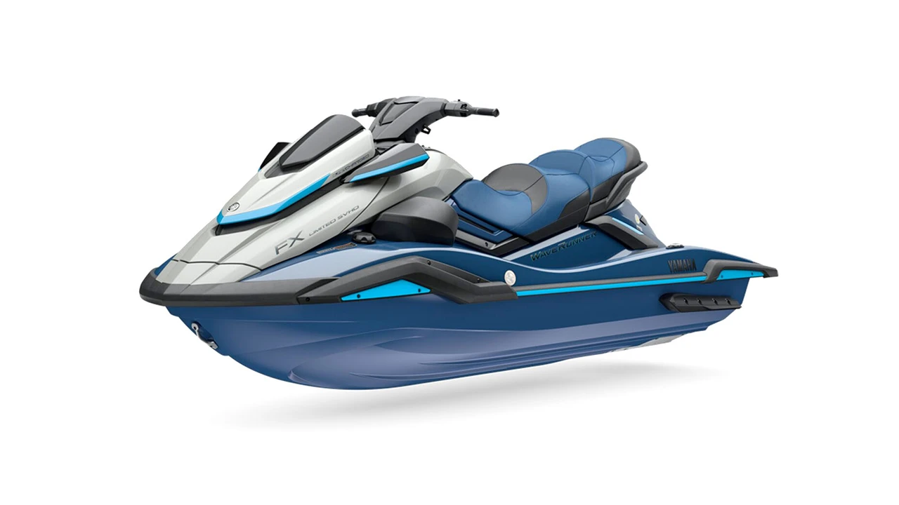 Deep-etched three-quarter front view of a blue jet ski