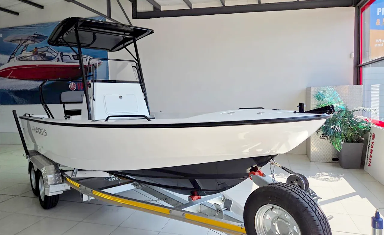 Bow view of boat on trailer